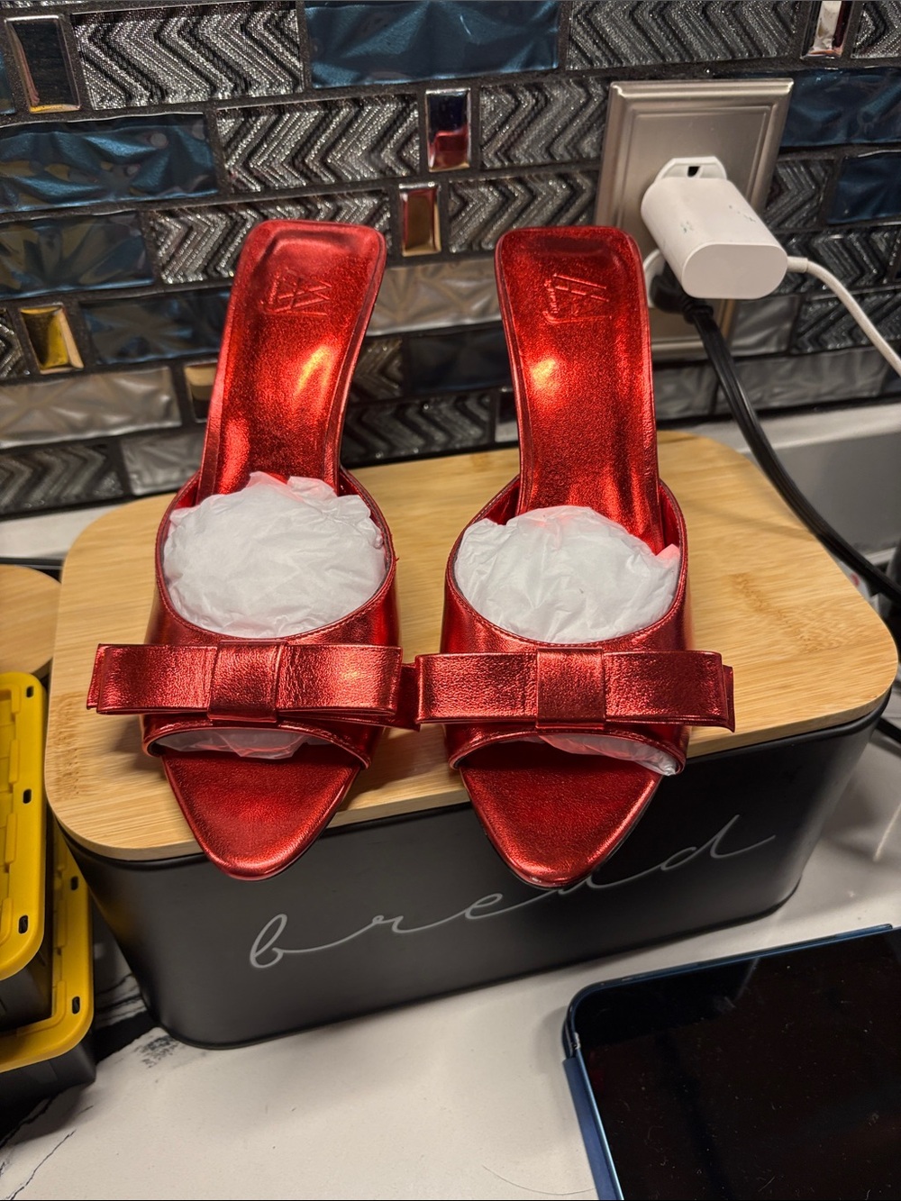 Women’s Metallic Red Bow Slide Heels